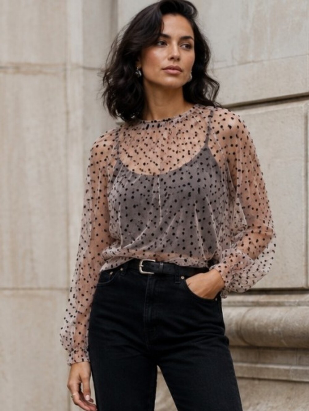 Adika Sheer Polka Dot Mesh Blouse Small Nude Black Flocked Puff Sleeve Romantic